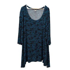 Woman Within PLUS 5X (38 / 40) Teal Pasiley Stretch 3/4 Sleeve Soft Blouse Top